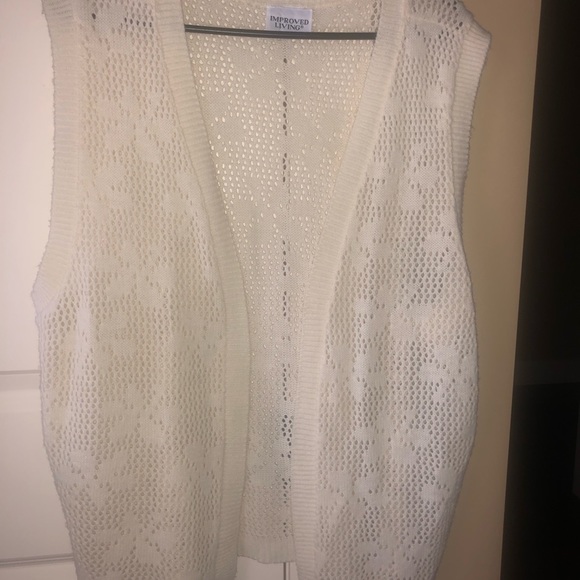 VINTAGE SWEATER VEST OPEN KNIT IVORY OPEN FRONT GRANDMA CORE COTTAGE CORE M/L - Picture 7 of 7
